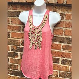 Chloe Pink Cotton Knit, Beaded Front , Racer Back T Shirt Woman’s Size Medium
